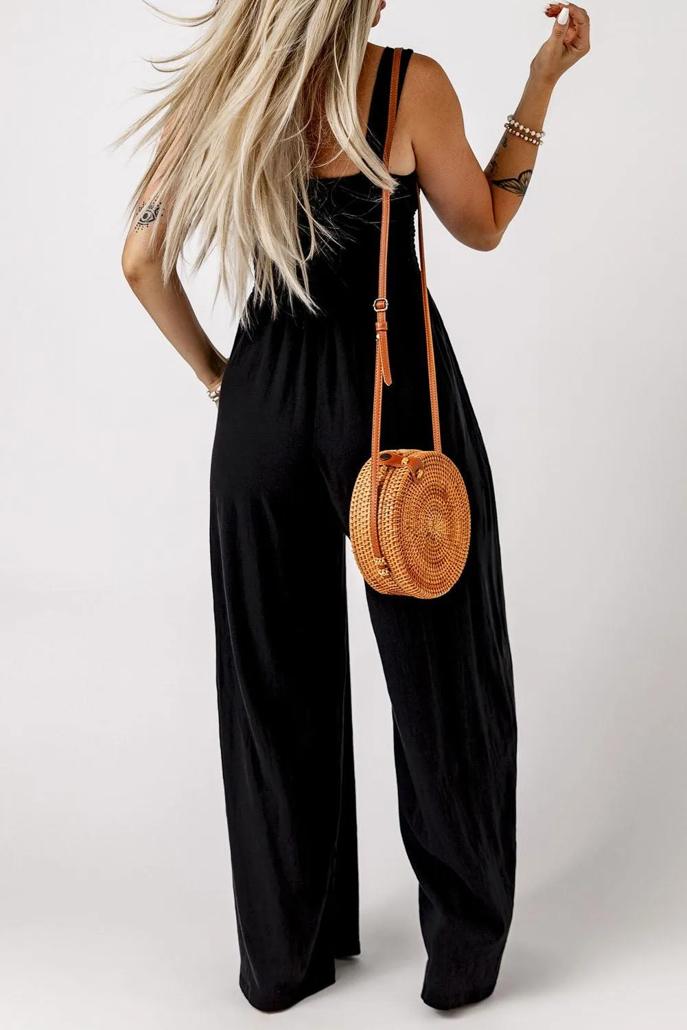 Hazel Blues® | Smocked Square Neck Wide Leg Jumpsuit with Pockets
