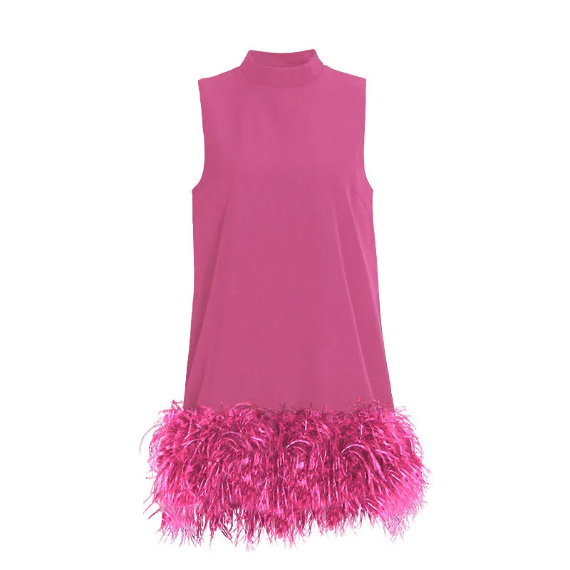High Collar Tassel Feather Party Mini Dresses