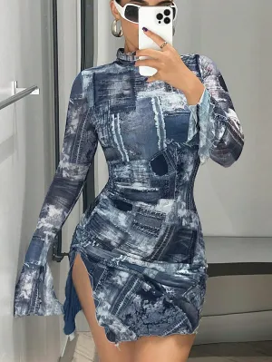 High Neck High Slit Mini Bodycon Dress HB10115