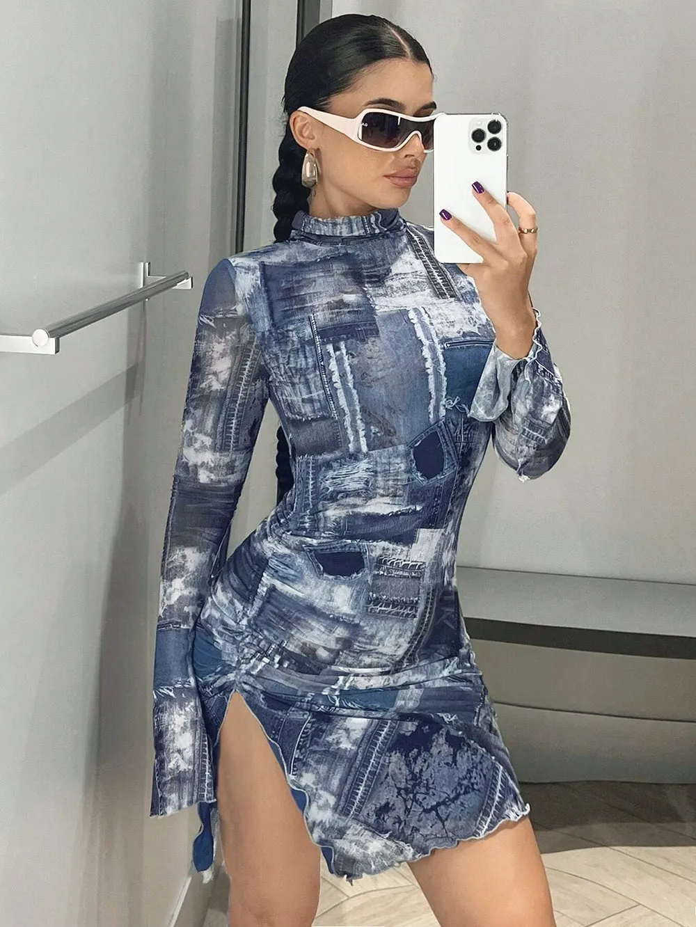 High Neck High Slit Mini Bodycon Dress HB10115