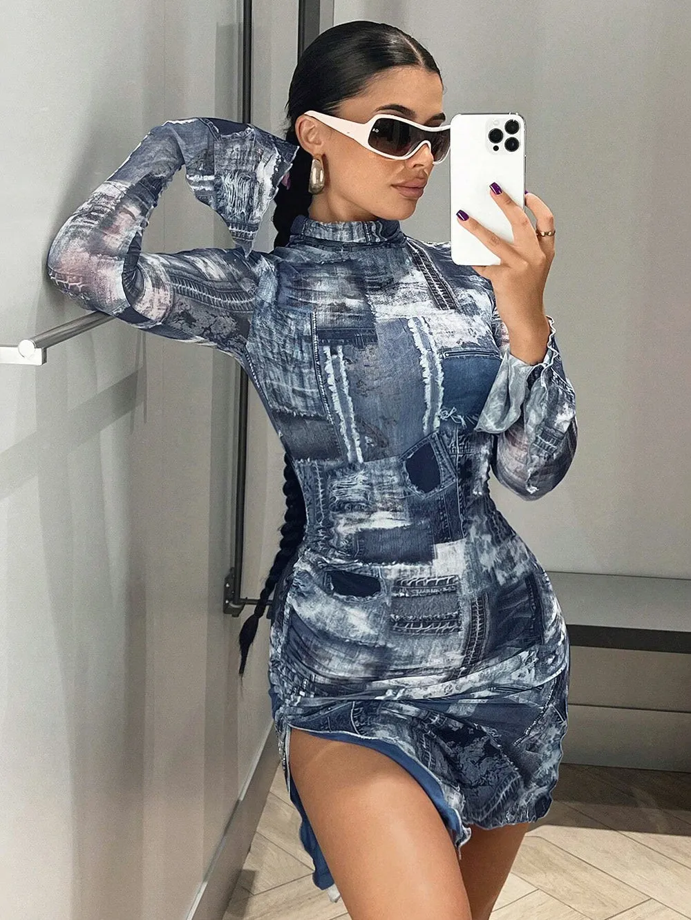 High Neck High Slit Mini Bodycon Dress HB10115