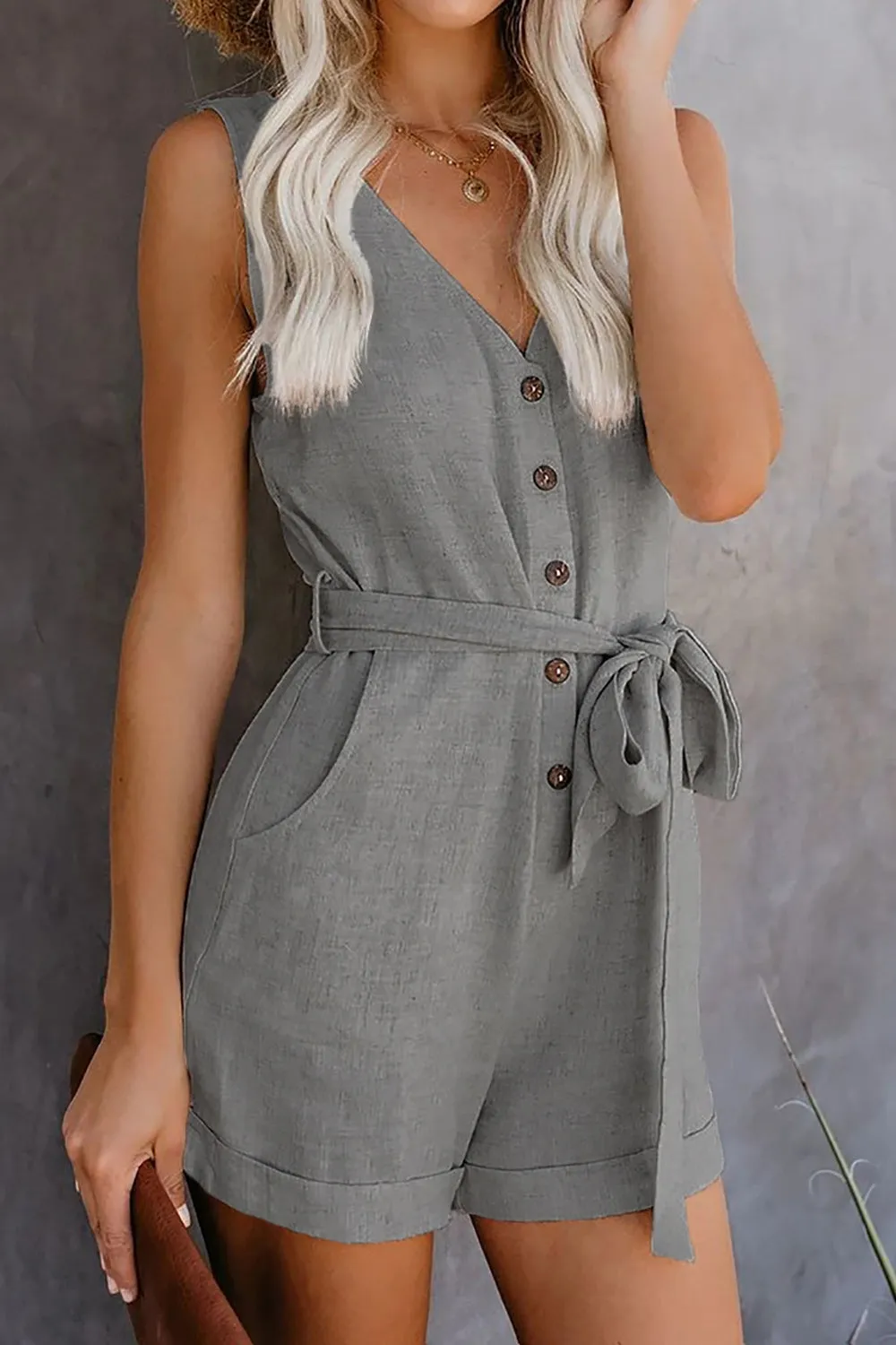 Holland Full Size Tied V-Neck Sleeveless Romper with Pockets