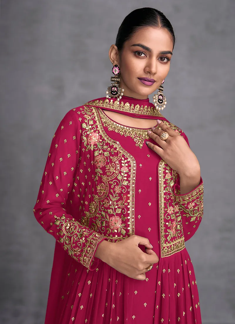 Hot Pink Multi Embroidered Jacket Style Gharara Suit