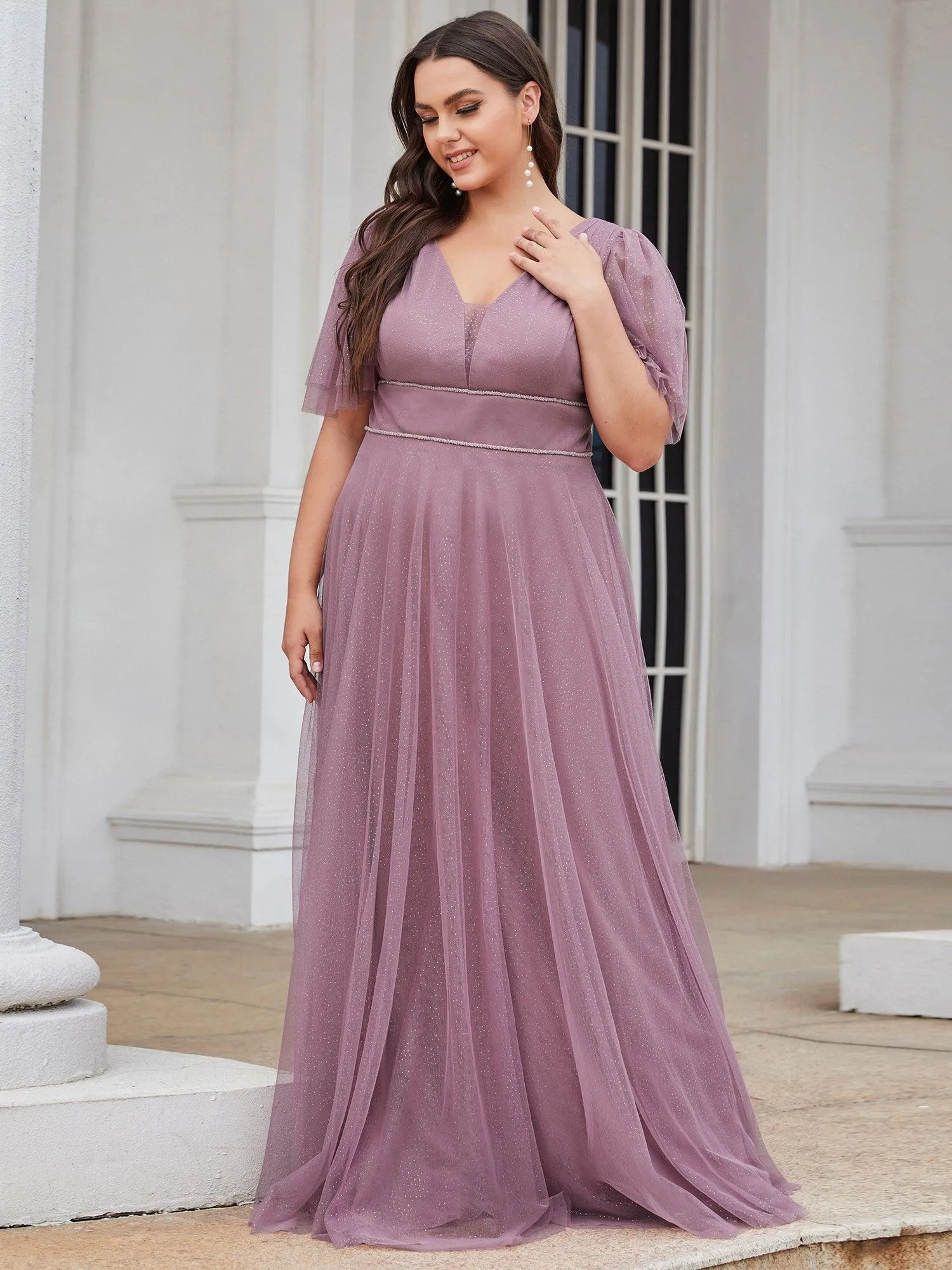Jolie robe de soirée longue en tulle avec col en V profond(Vente finale)