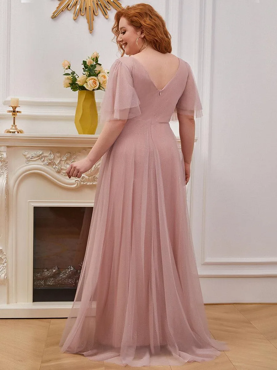 Jolie robe de soirée longue en tulle avec col en V profond(Vente finale)