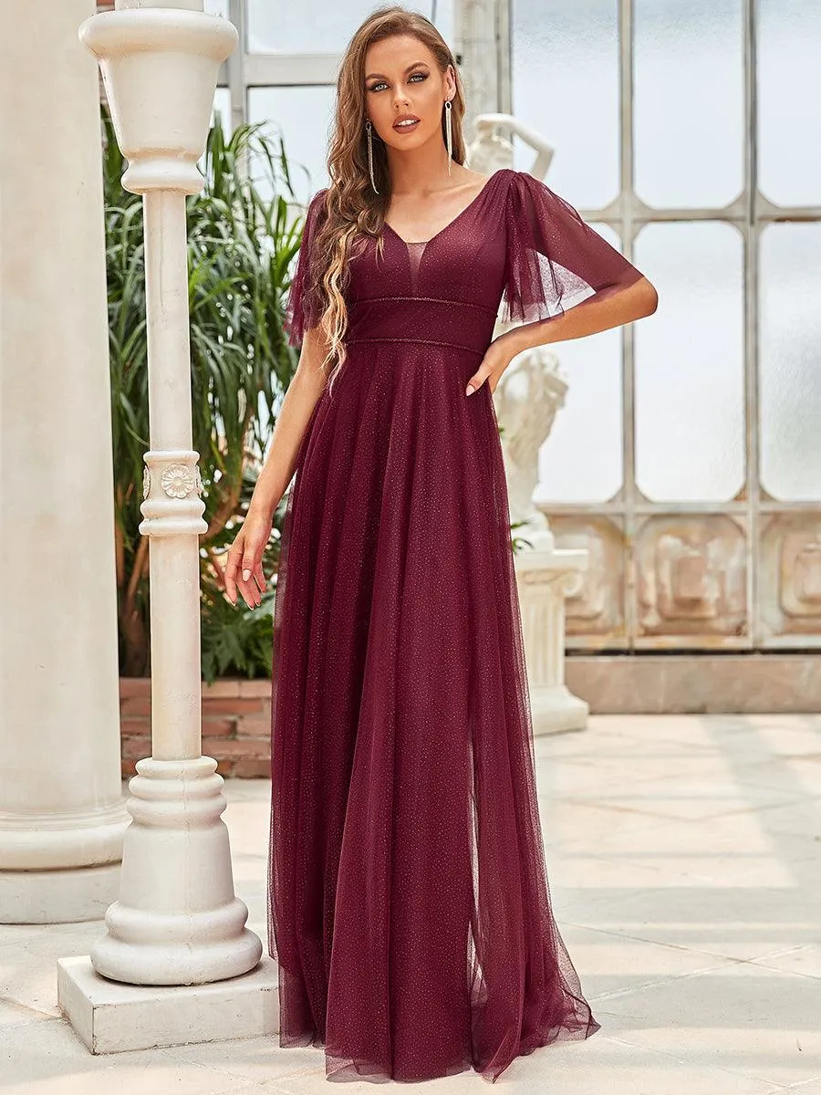 Jolie robe de soirée longue en tulle avec col en V profond(Vente finale)