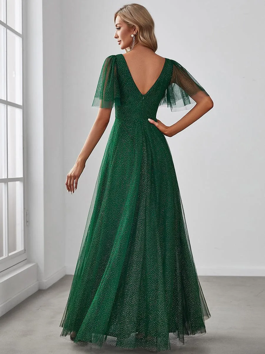Jolie robe de soirée longue en tulle avec col en V profond(Vente finale)
