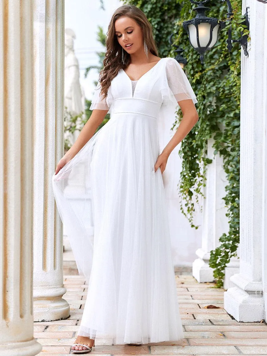 Jolie robe de soirée longue en tulle avec col en V profond(Vente finale)