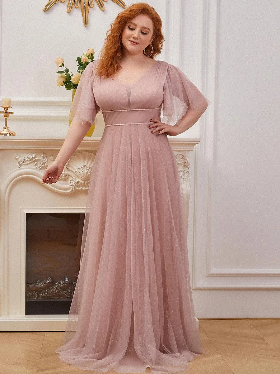 Jolie robe de soirée longue en tulle avec col en V profond(Vente finale)