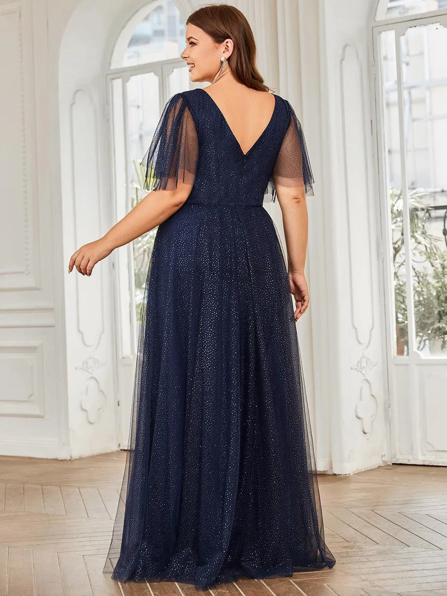 Jolie robe de soirée longue en tulle avec col en V profond(Vente finale)