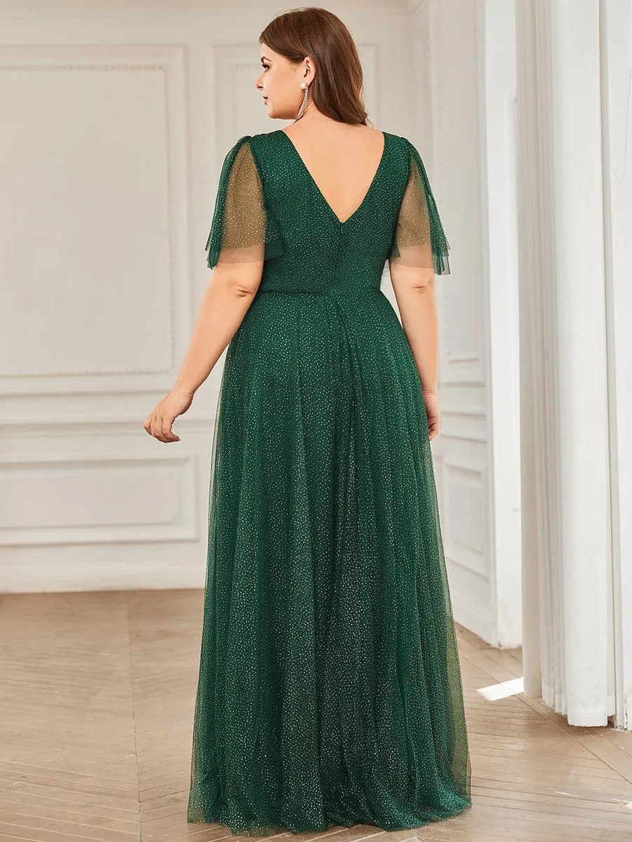 Jolie robe de soirée longue en tulle avec col en V profond(Vente finale)