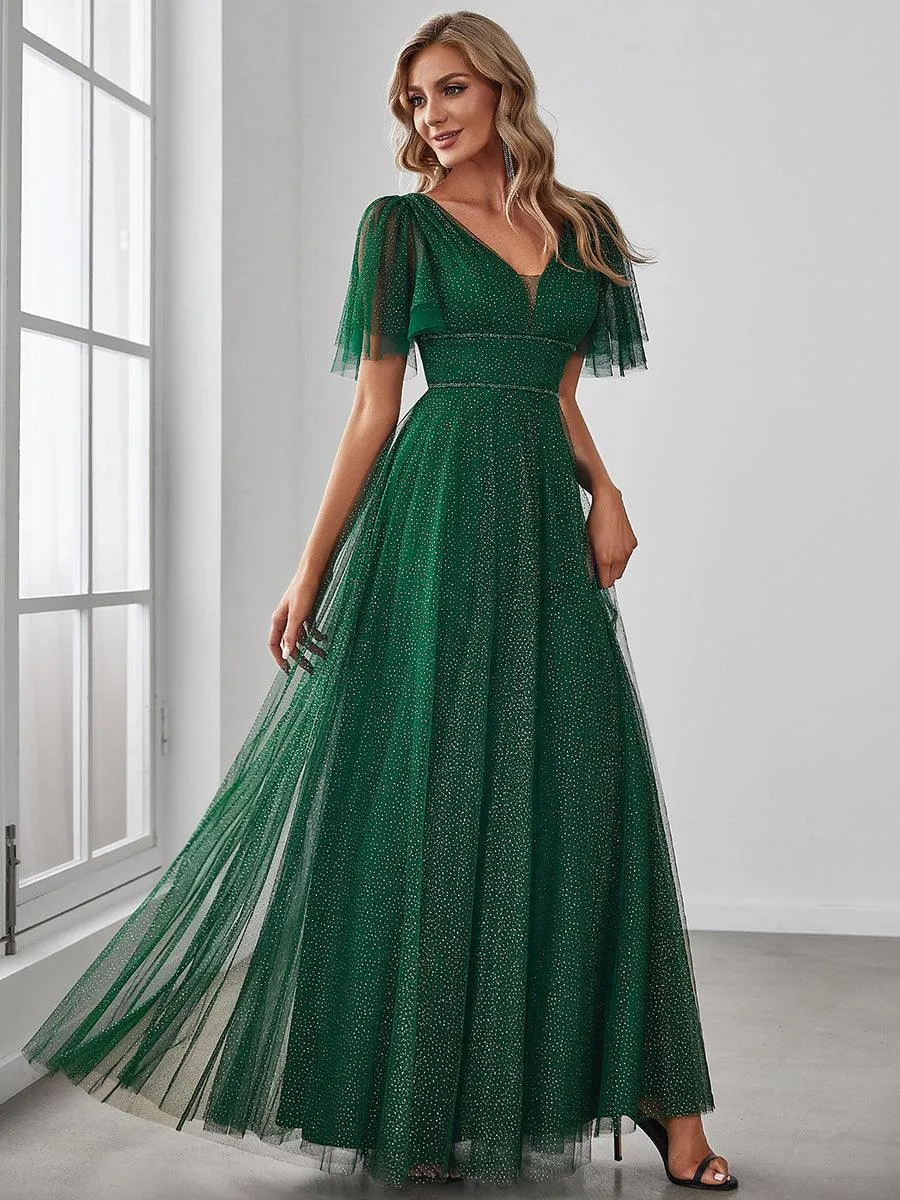 Jolie robe de soirée longue en tulle avec col en V profond(Vente finale)