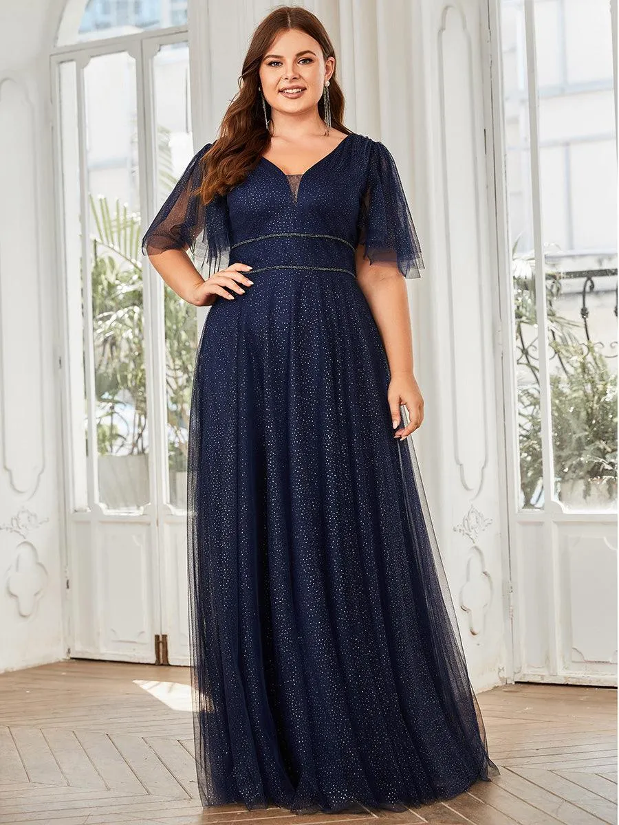 Jolie robe de soirée longue en tulle avec col en V profond(Vente finale)