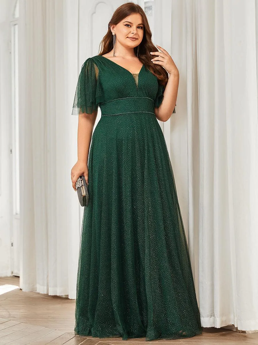 Jolie robe de soirée longue en tulle avec col en V profond(Vente finale)