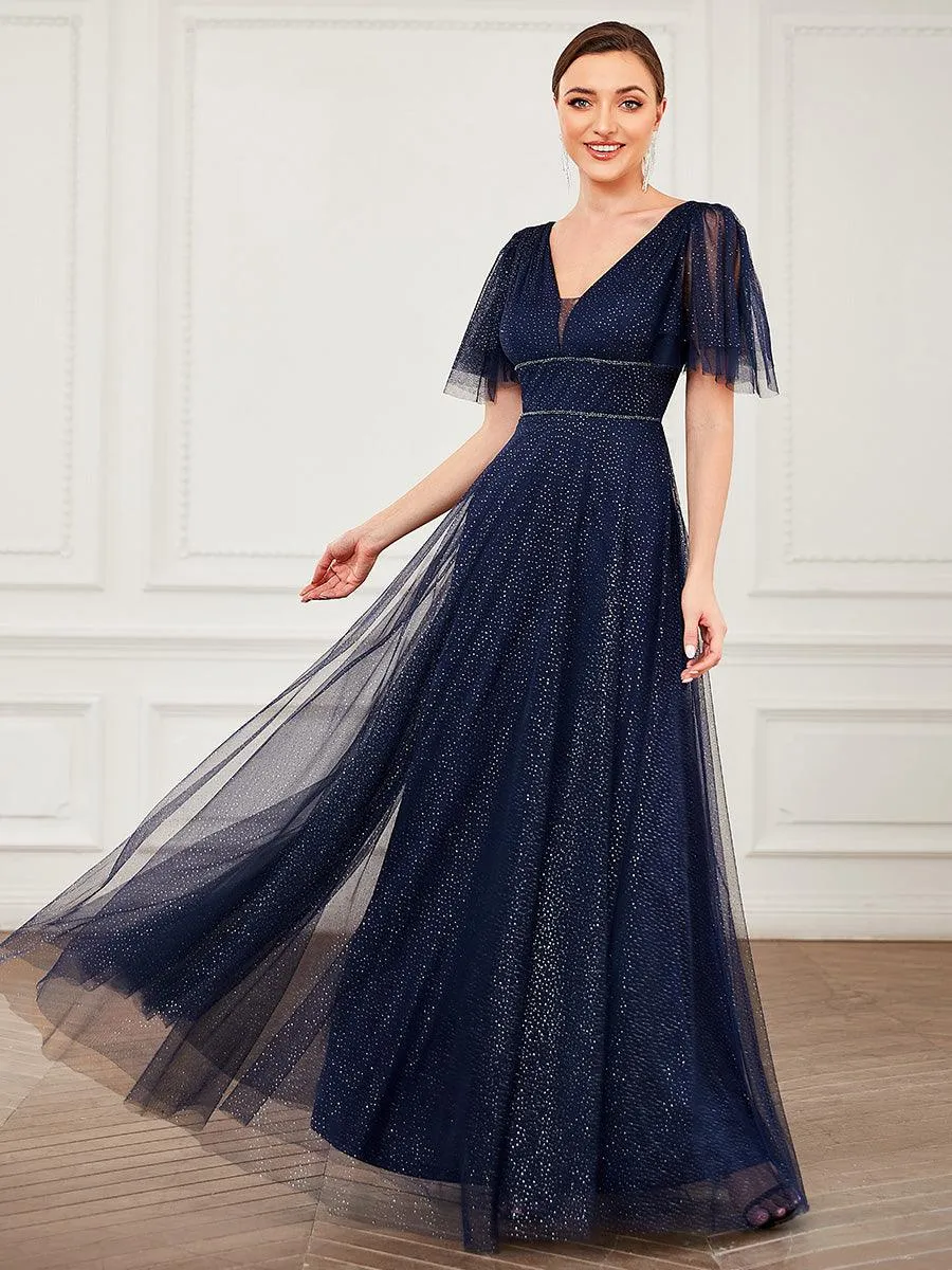 Jolie robe de soirée longue en tulle avec col en V profond(Vente finale)