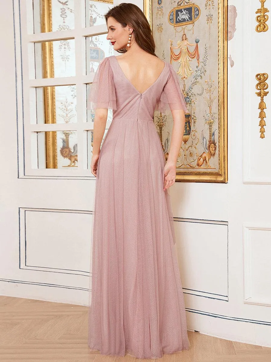 Jolie robe de soirée longue en tulle avec col en V profond(Vente finale)