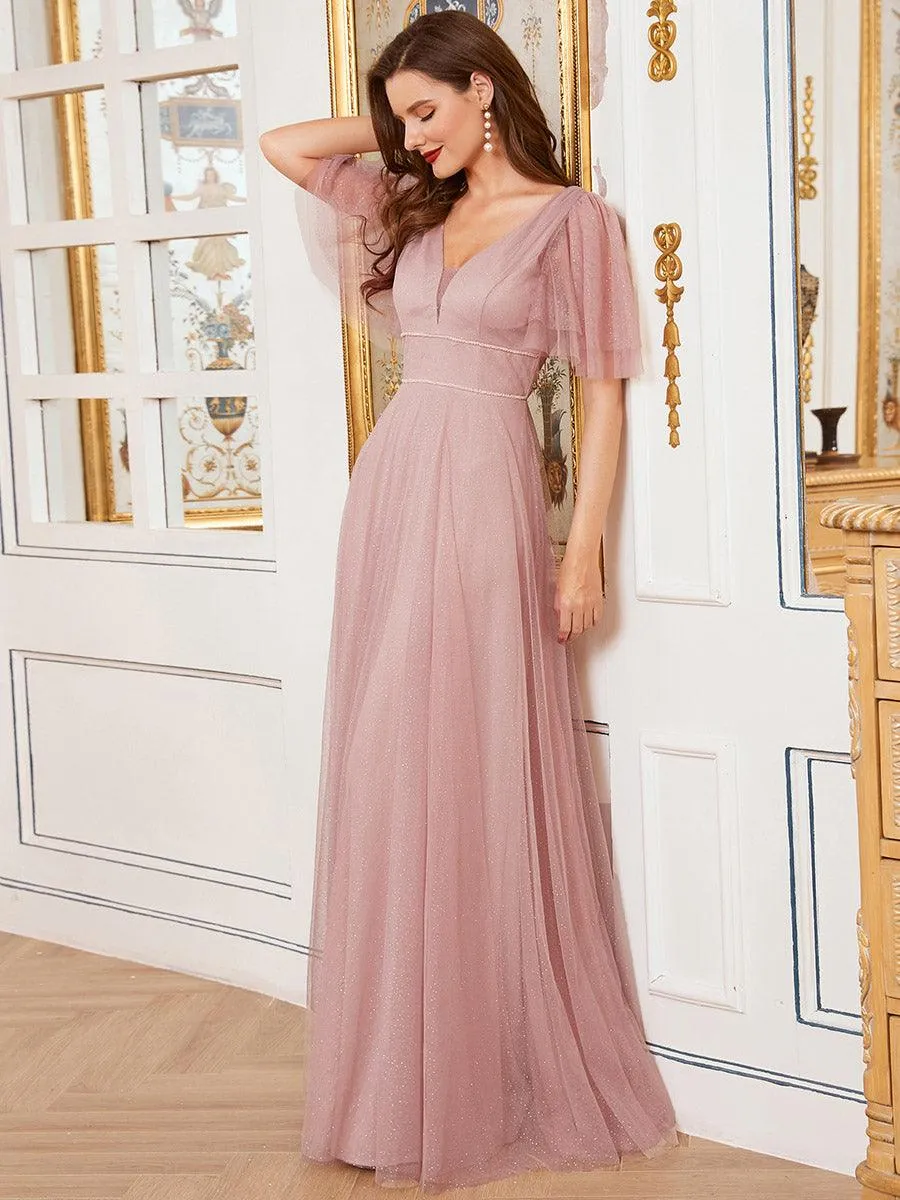 Jolie robe de soirée longue en tulle avec col en V profond(Vente finale)