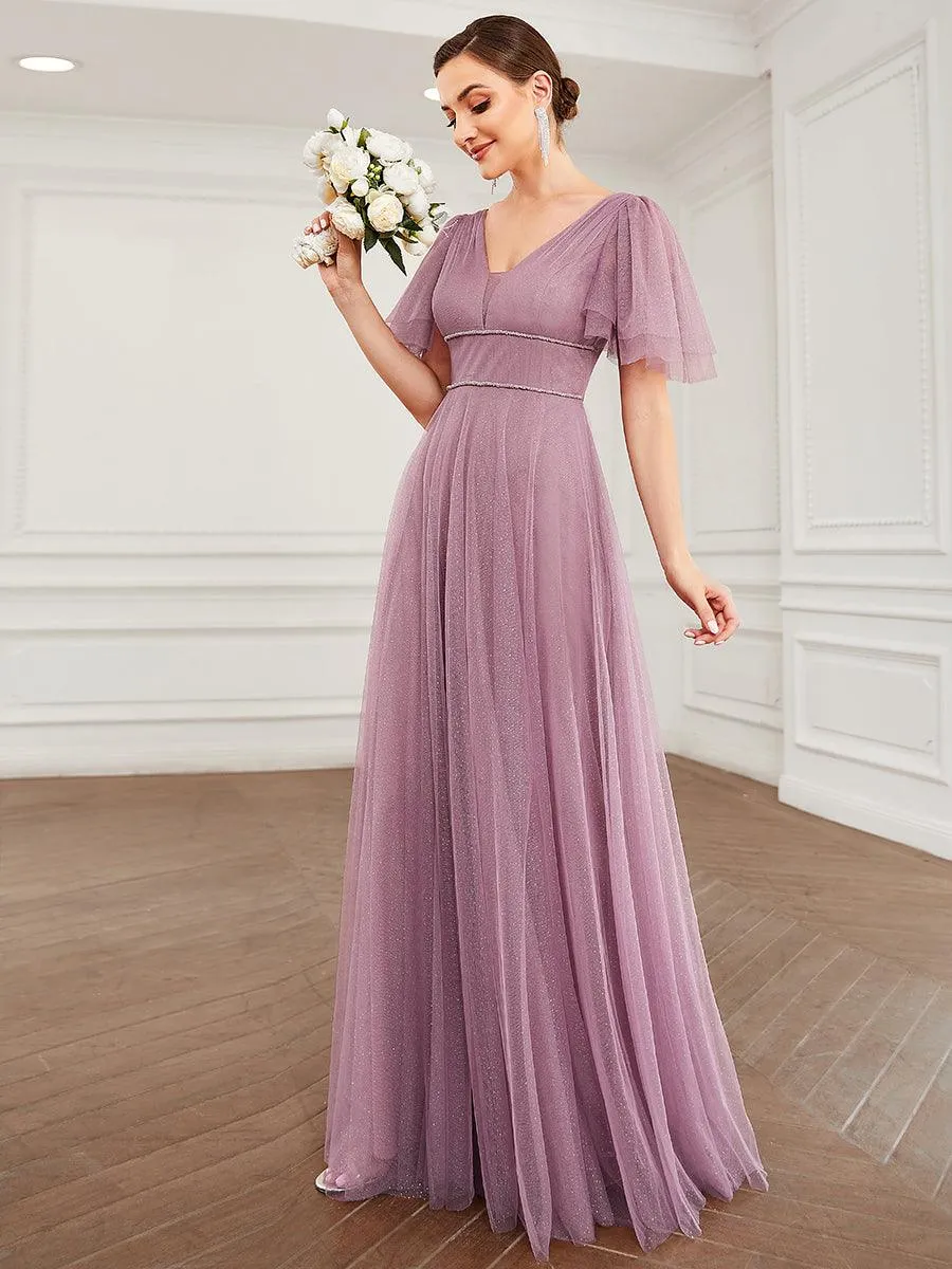 Jolie robe de soirée longue en tulle avec col en V profond(Vente finale)