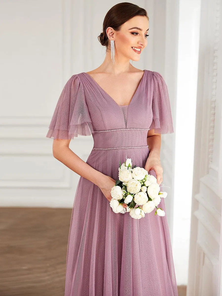 Jolie robe de soirée longue en tulle avec col en V profond(Vente finale)