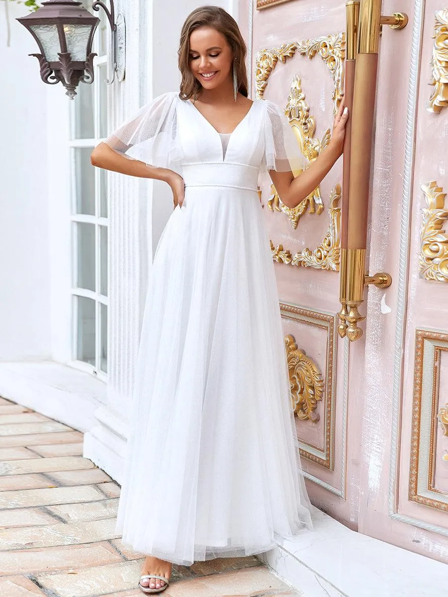Jolie robe de soirée longue en tulle avec col en V profond(Vente finale)