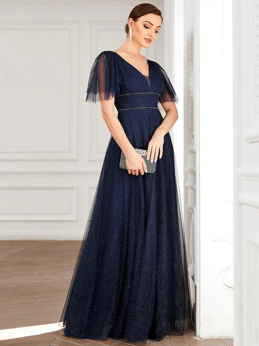 Jolie robe de soirée longue en tulle avec col en V profond(Vente finale)