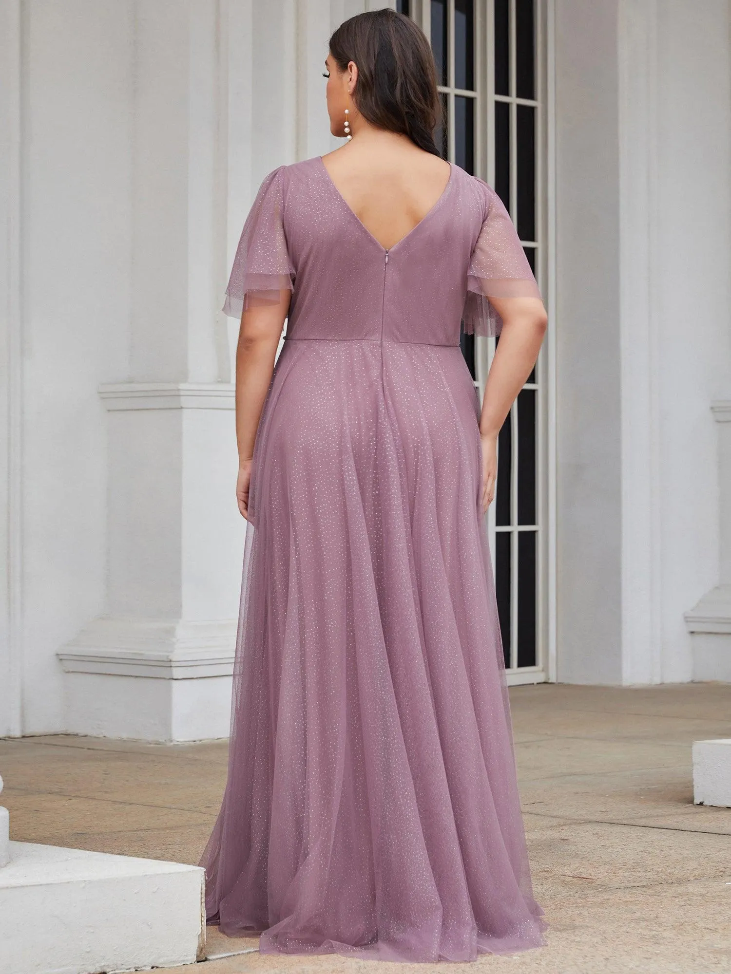 Jolie robe de soirée longue en tulle avec col en V profond(Vente finale)