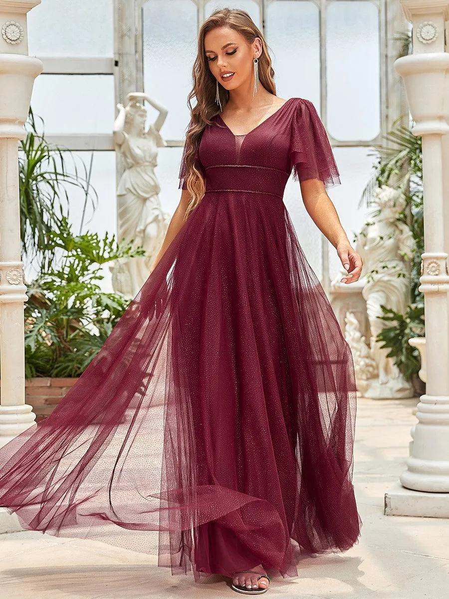 Jolie robe de soirée longue en tulle avec col en V profond(Vente finale)