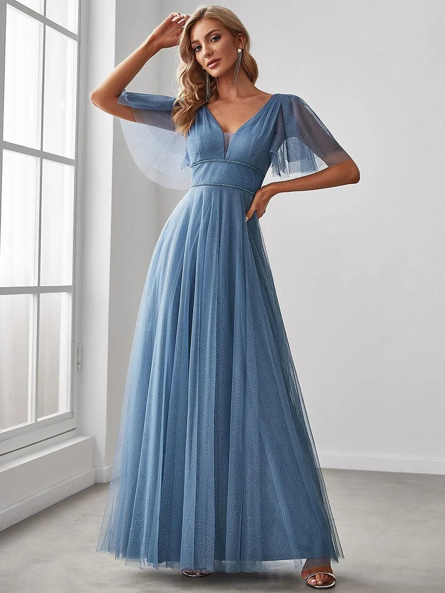 Jolie robe de soirée longue en tulle avec col en V profond(Vente finale)