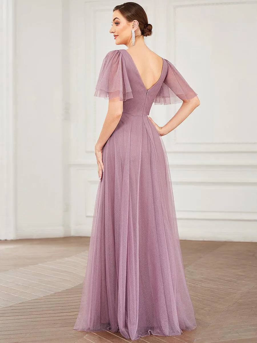 Jolie robe de soirée longue en tulle avec col en V profond(Vente finale)