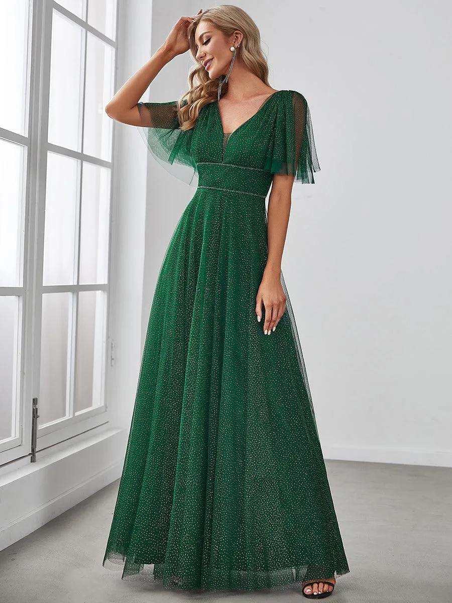 Jolie robe de soirée longue en tulle avec col en V profond(Vente finale)