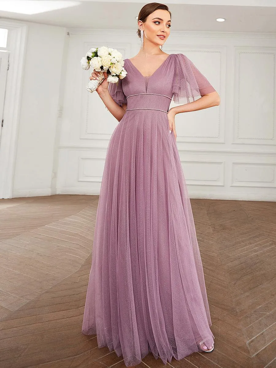 Jolie robe de soirée longue en tulle avec col en V profond(Vente finale)