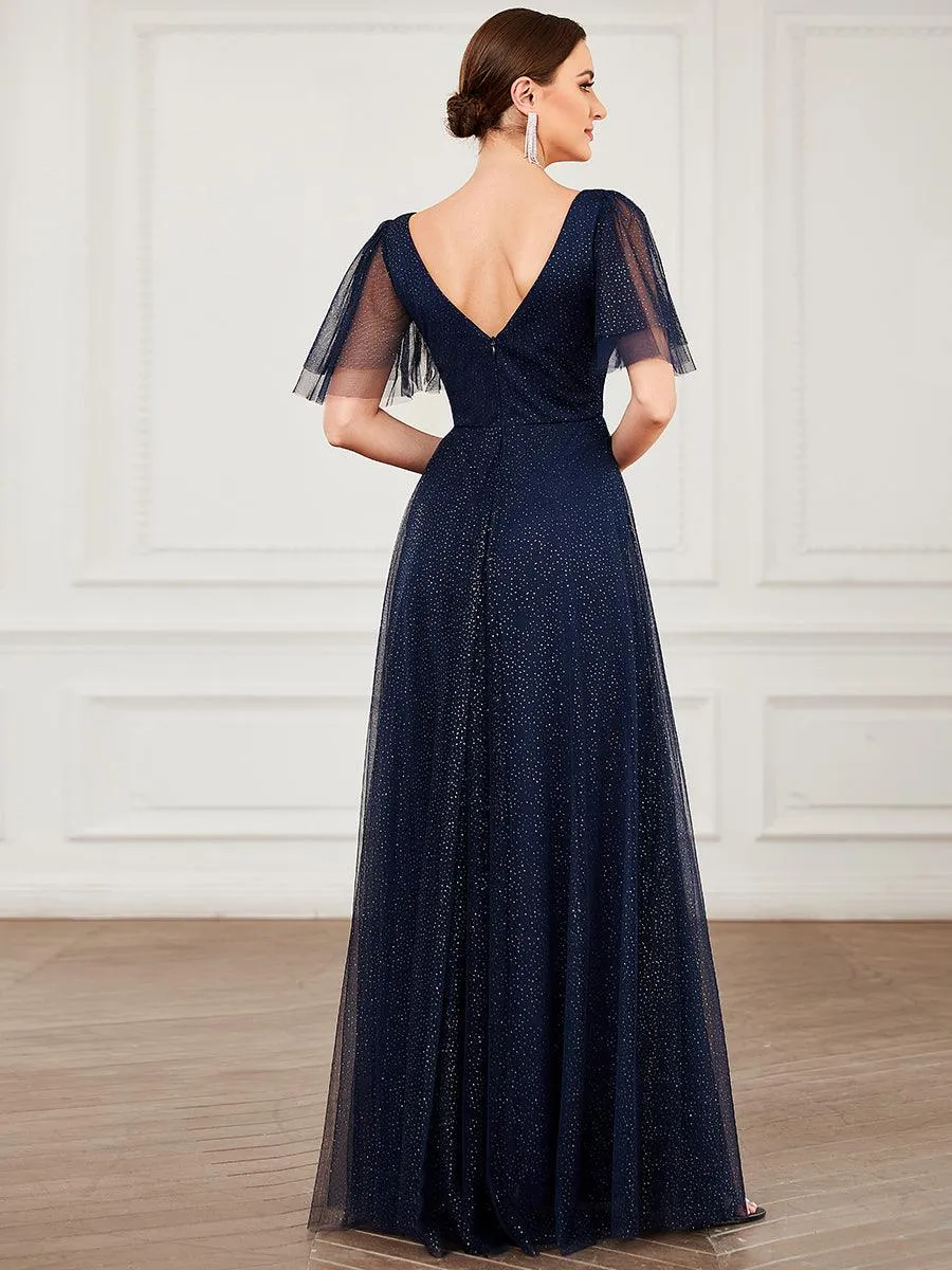 Jolie robe de soirée longue en tulle avec col en V profond(Vente finale)