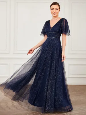 Jolie robe de soirée longue en tulle avec col en V profond(Vente finale)