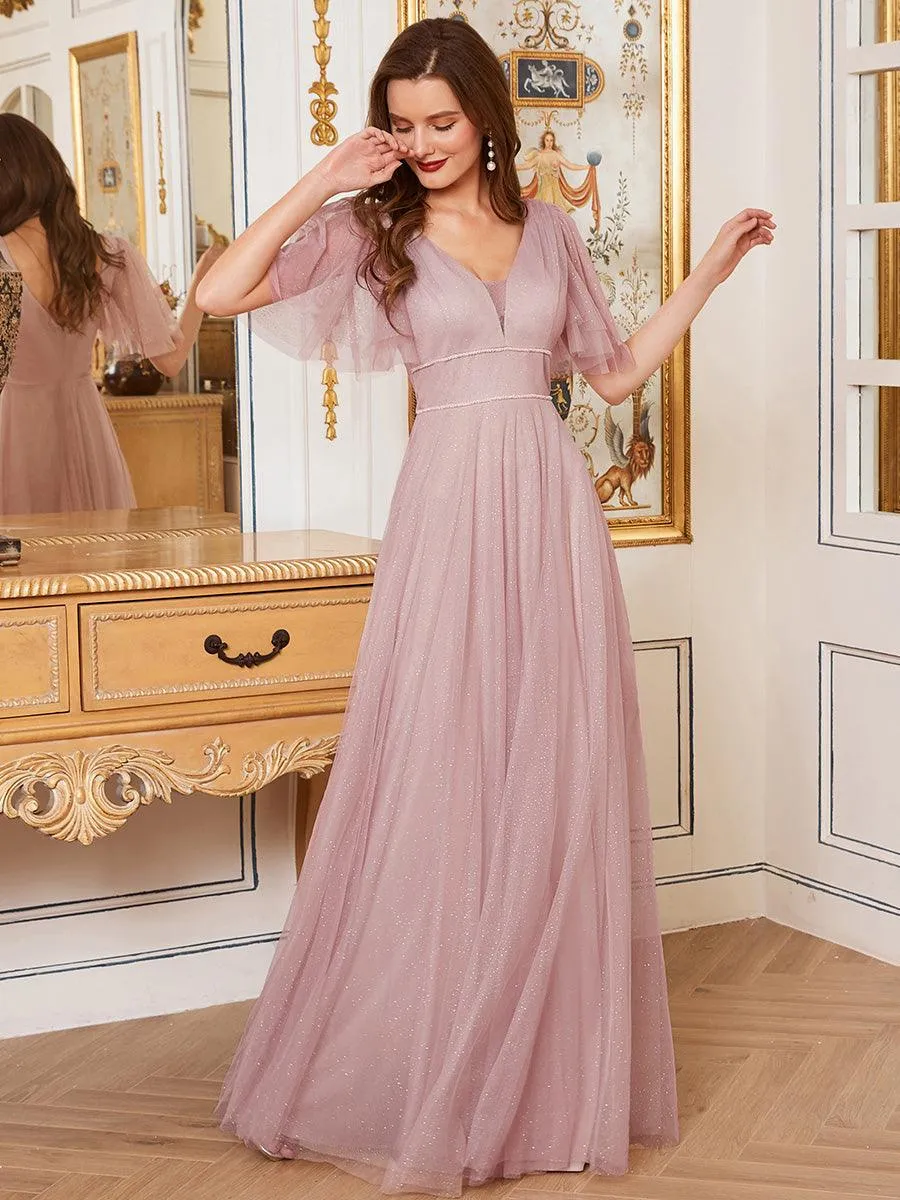 Jolie robe de soirée longue en tulle avec col en V profond(Vente finale)