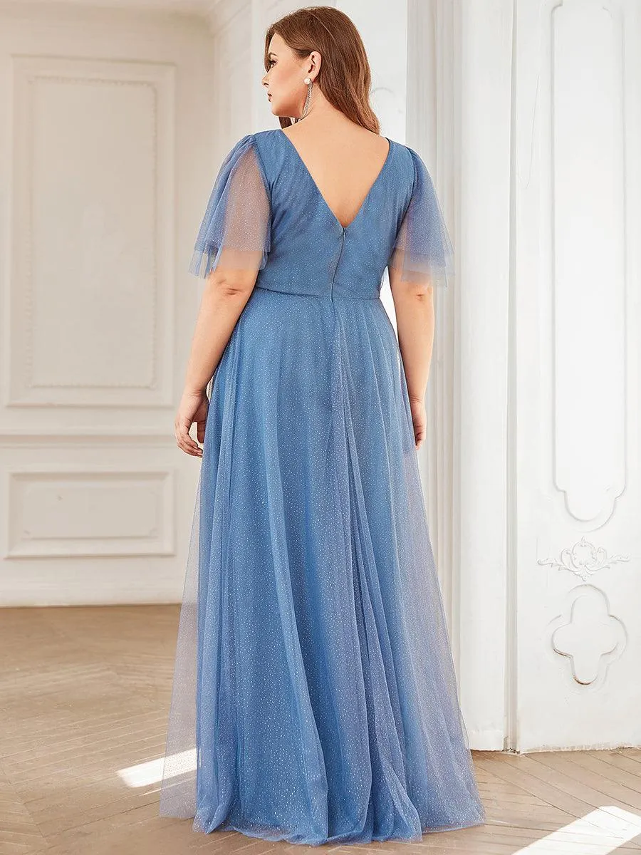 Jolie robe de soirée longue en tulle avec col en V profond(Vente finale)