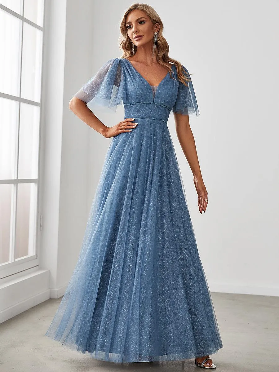 Jolie robe de soirée longue en tulle avec col en V profond(Vente finale)