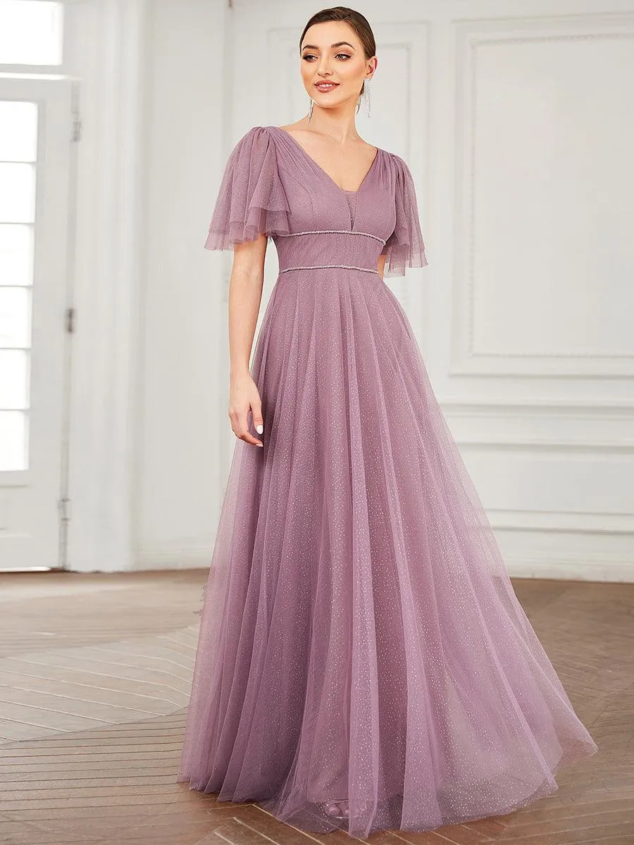 Jolie robe de soirée longue en tulle avec col en V profond(Vente finale)