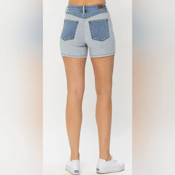 Judy Blue HR Color Block Light Dark Wash Denim Shorts No Distressing  S-3XL NEW