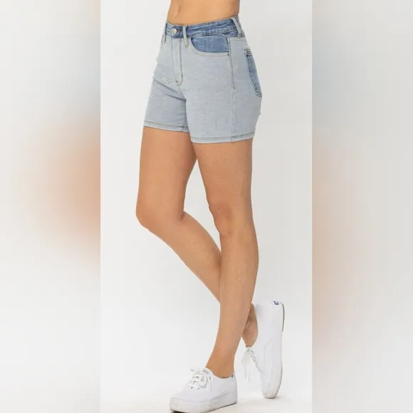 Judy Blue HR Color Block Light Dark Wash Denim Shorts No Distressing  S-3XL NEW