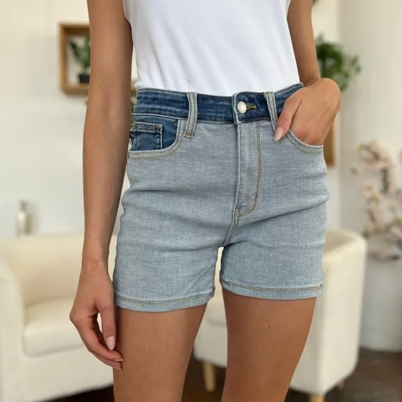 Judy Blue HR Color Block Light Dark Wash Denim Shorts No Distressing  S-3XL NEW