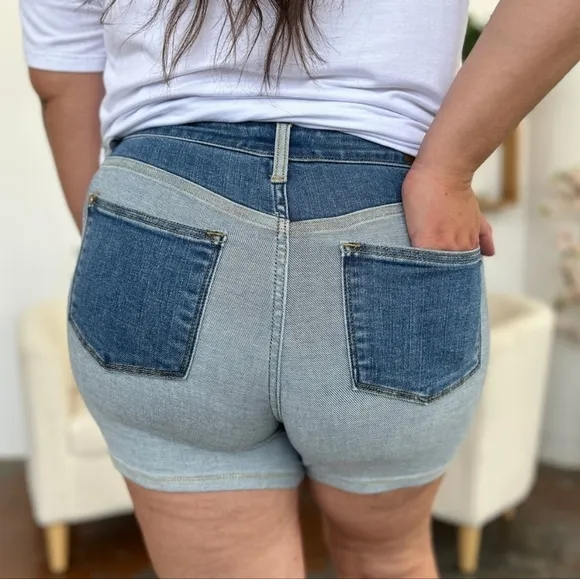 Judy Blue HR Color Block Light Dark Wash Denim Shorts No Distressing  S-3XL NEW
