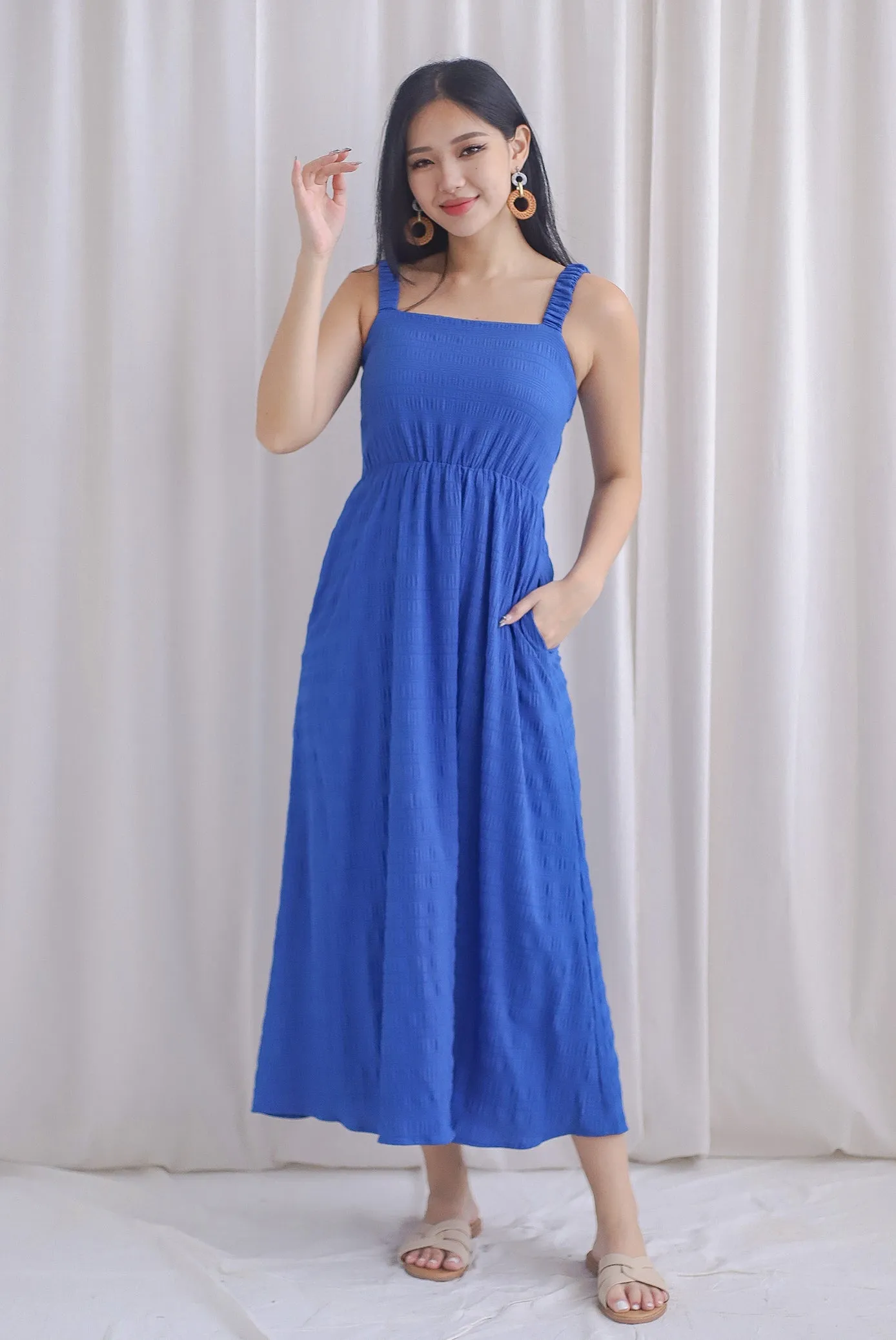 Kennedy Ruched Strap Ladder Back Dress In Cobalt Blue