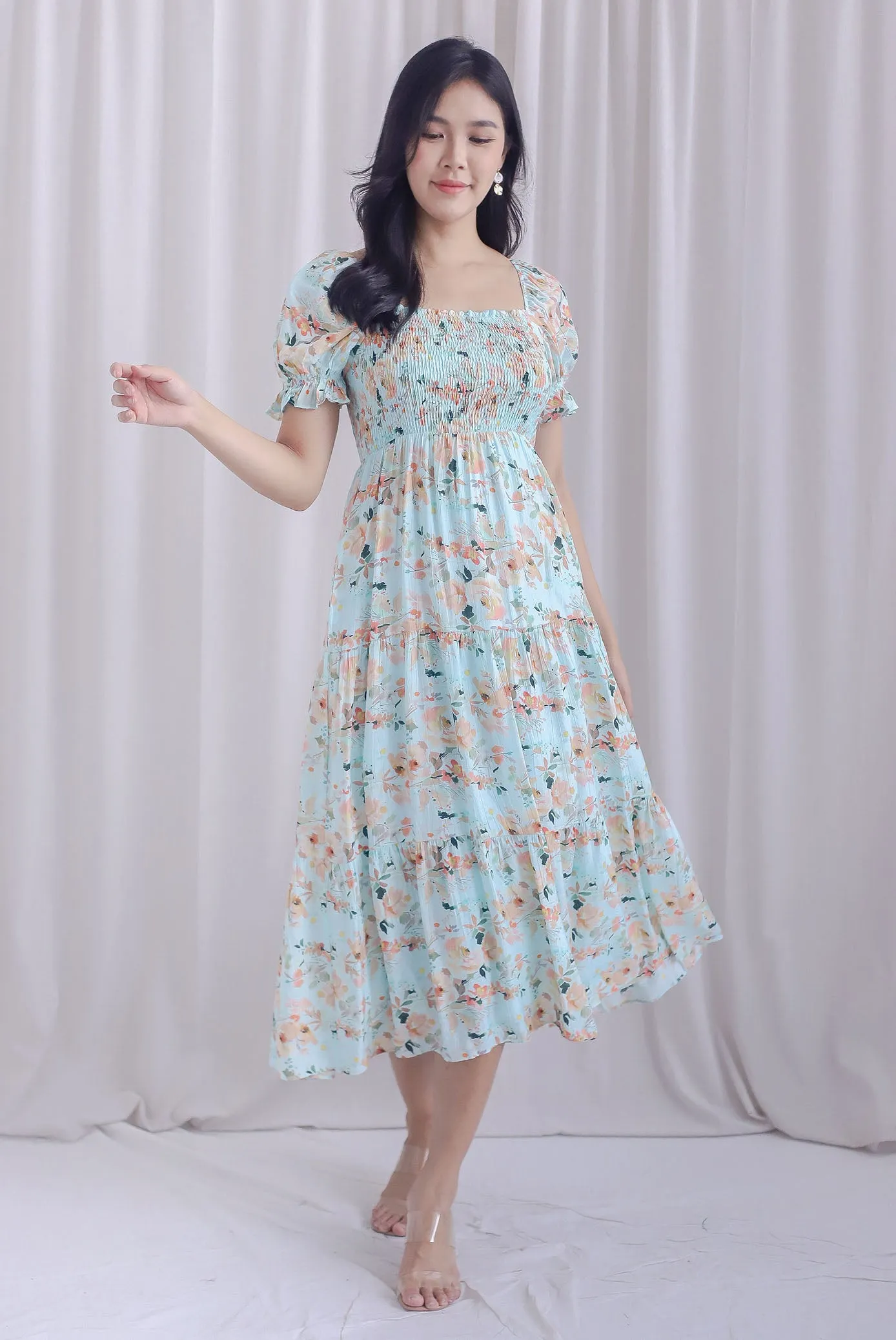 Kristin Puffy Sleeve Smocked Maxi Dress In Mint