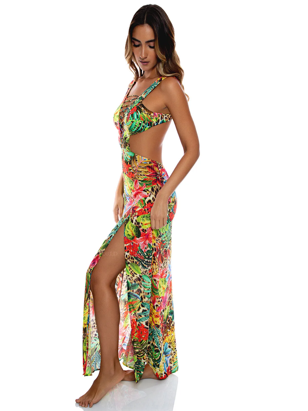 Laced Up Plunging V-Neck Maxi Dress ::RET
