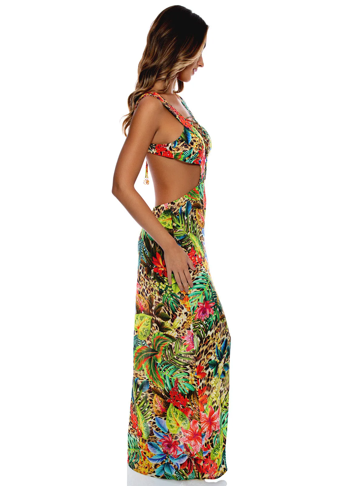 Laced Up Plunging V-Neck Maxi Dress ::RET