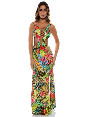 Laced Up Plunging V-Neck Maxi Dress ::RET