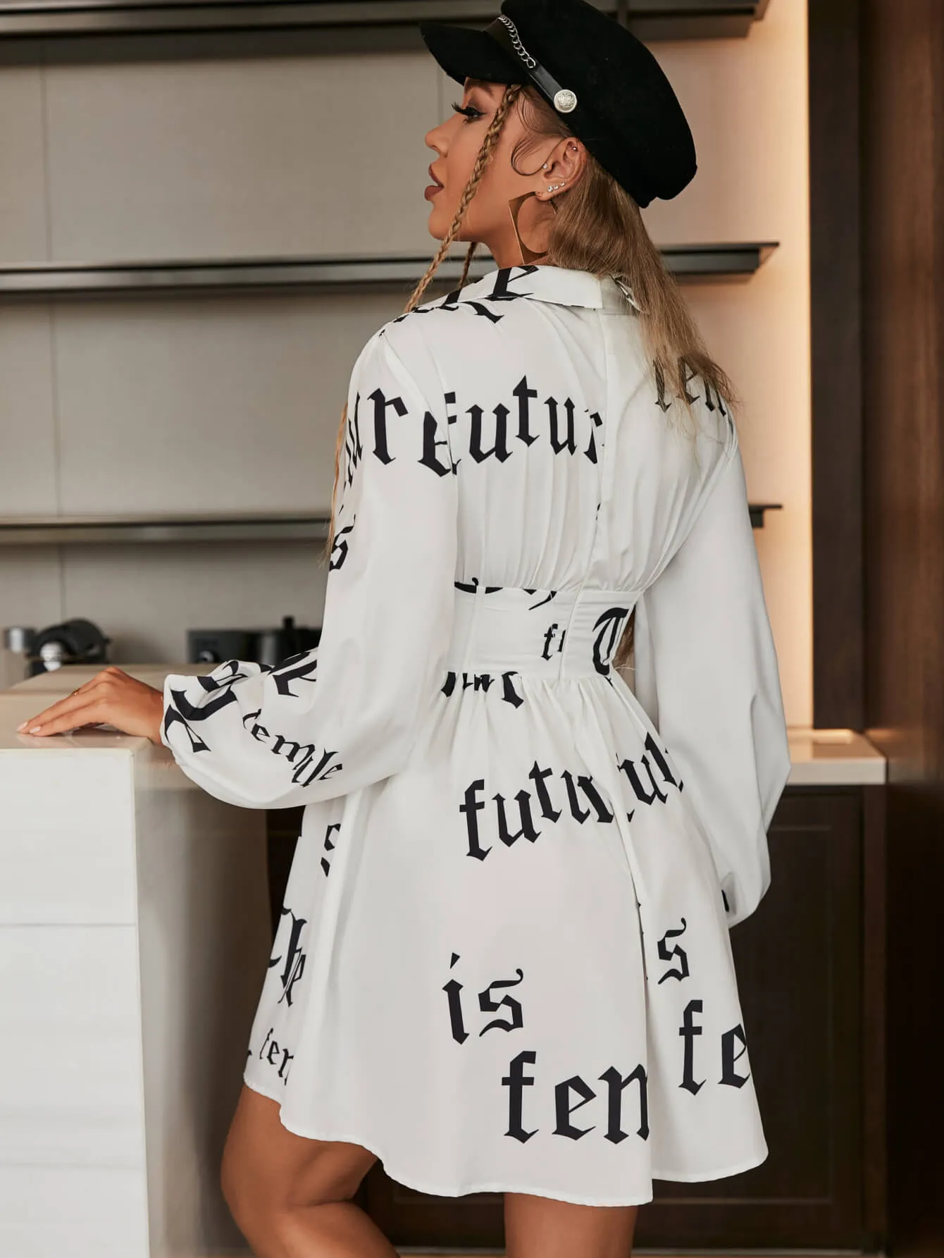 Letter Print Johnny Collar A-Line Dress