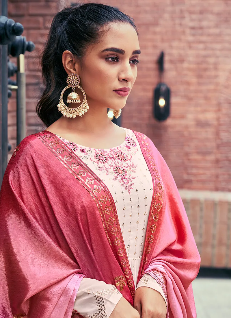 Light Pink Sequence And Thread Embroidery Anarkali Palazzo Suit