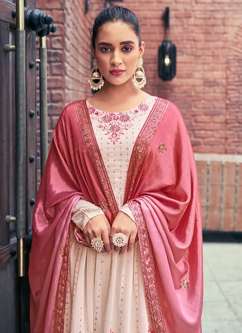 Light Pink Sequence And Thread Embroidery Anarkali Palazzo Suit