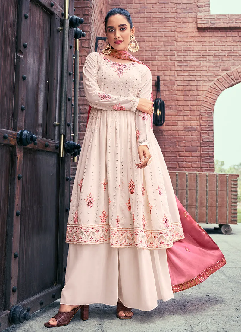 Light Pink Sequence And Thread Embroidery Anarkali Palazzo Suit